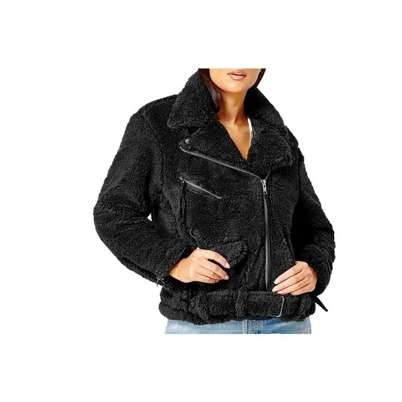 Free People Women's Black Faux Fur Full Zip Cozy Slouchy Moto Jacket Size XL - Picture 11 of 15